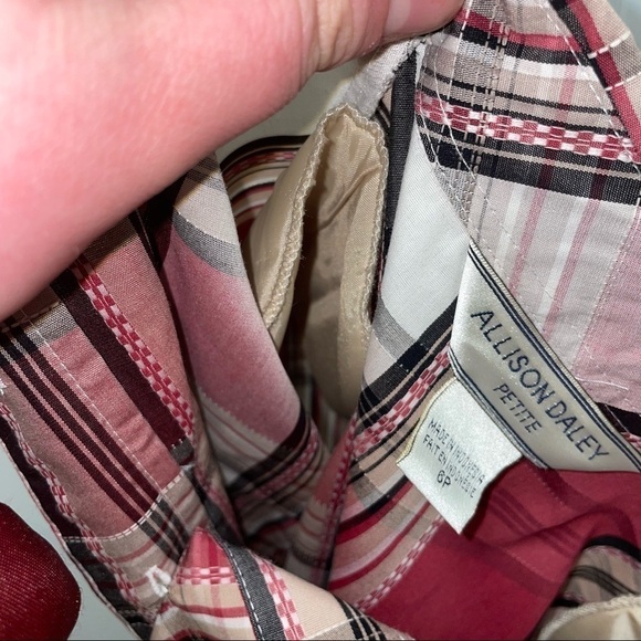 Allison Daley Petite Shirt Collar Button Up Plaid Stripe 3/4 Flip Split Cuff Top - Picture 11 of 12